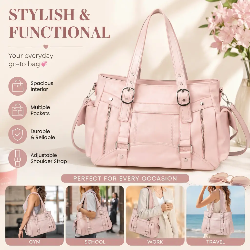 Women's Aesthetic Multi-Pocket Vegan Leather Shoulder Bag - Buckle Strap Detail, Large Capacity, Fashionable Patterned Tote for Work & School, Everyday Bag, Bags For Women Bucket Bag Personal Item Bag