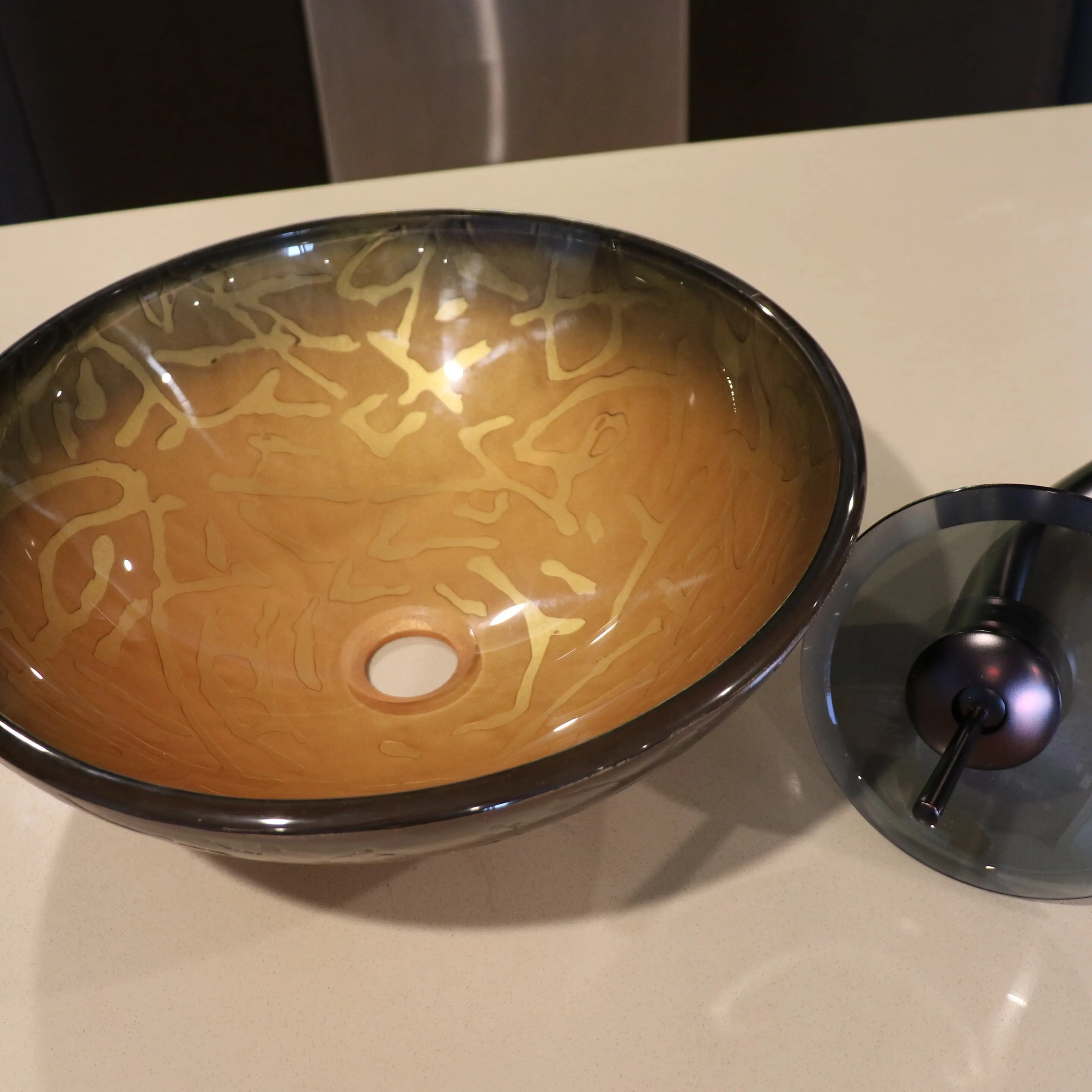 Bathroom Vessel Sink, Artistic Glass Bathroom Bowl Basin with Faucet