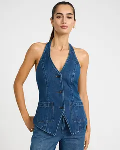 Express Denim Halter V-Neck Cutaway Blazer Vest