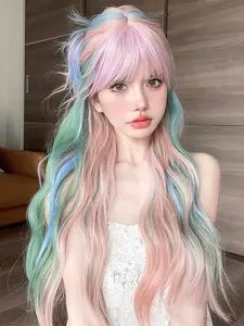 26 Inch Ombre Color Long Wavy Wigs for Women, Gorgeous Fluffy Wigs with Blunt Bangs, Synthetic Full Machine Wigs for Party, Daily Use