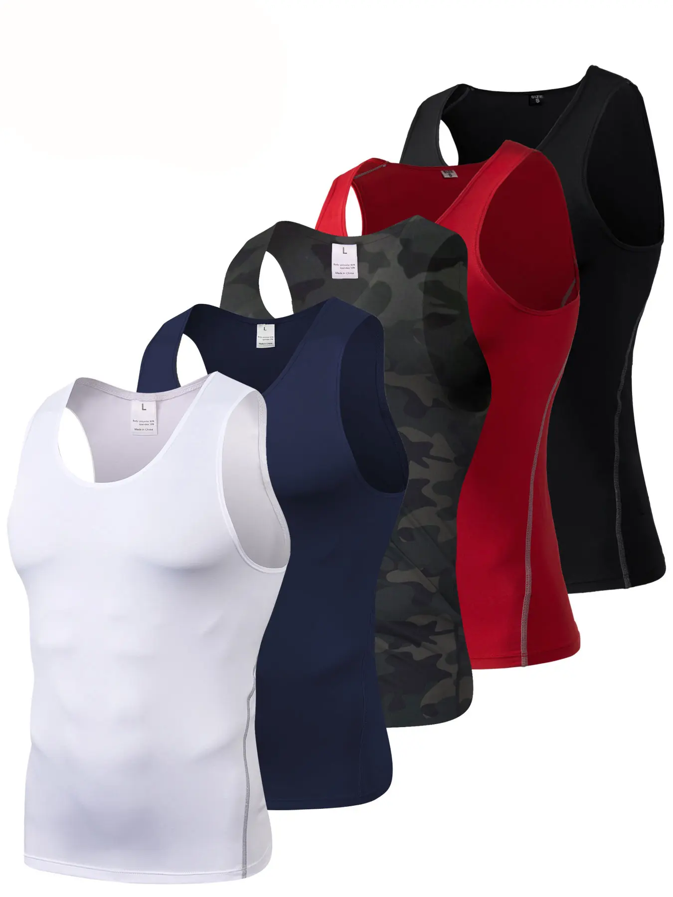 Men's 5-Pack Camouflage Sleeveless Compression Shirts - Activewear Athletic Compression Shaper Vest, Elastane Sports Baselayer for Baseball, Recommended Size Workout Undershirt, Slim-Fitting