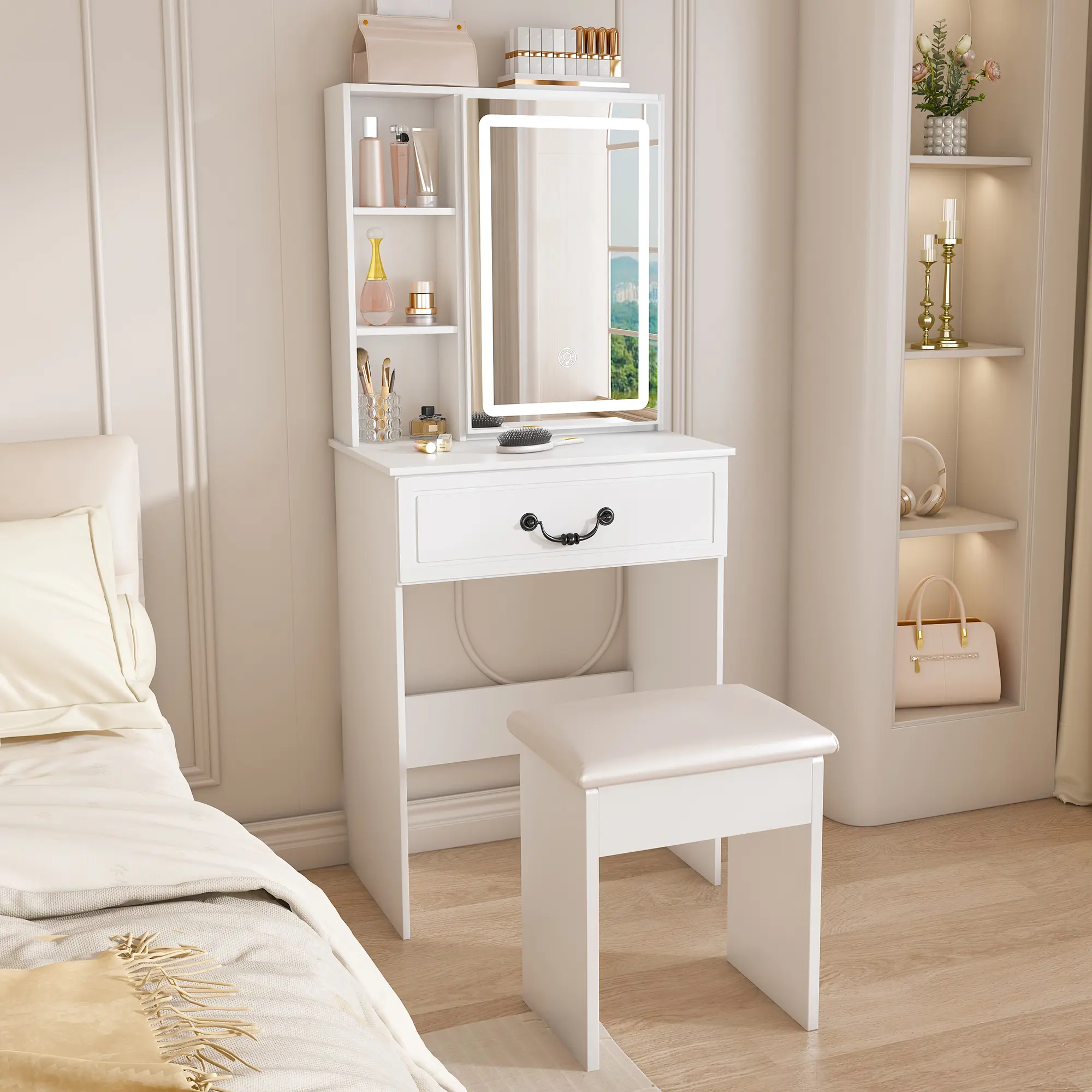 Modern Mini LED Light Makeup Vanity Table - Sturdy Indoor Furniture with Adjustable Brightness, Hidden Storage, Dust-Proof Shelves, Padded Stool, Built-In LED Mirror, Assembly Required, Vanity Nightstand for Small Bedrooms, Apartments, Led Lights