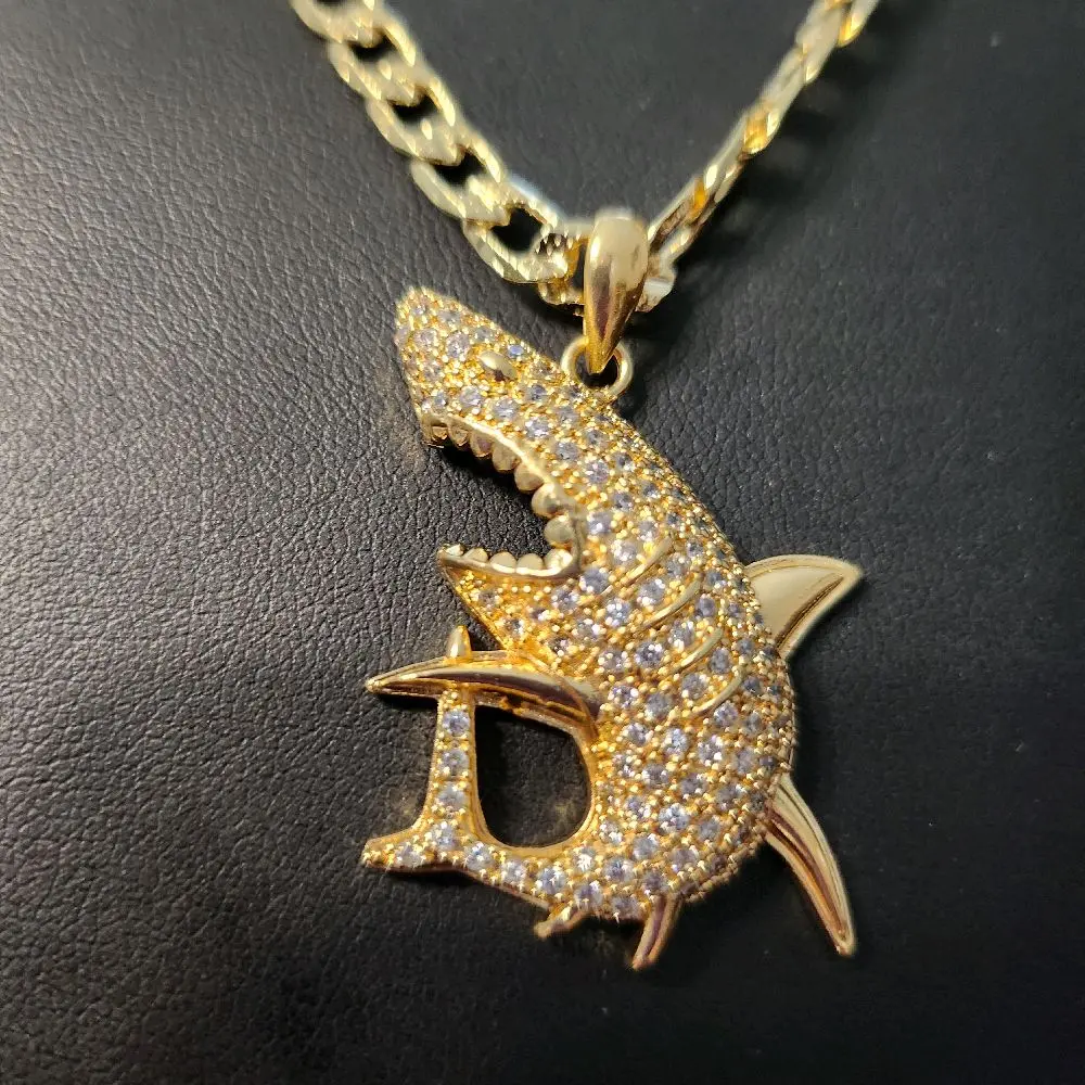 16 - Shark Pendant and Cubana 18" Chain Gold-Tone Necklace with Sparkling Design for Versatile Fashion