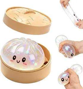 Giant Glitter Dumpling, Giant Dumpling Squishy, Mega Rainbow Dumplings, Cute Anxiety Relief Fidget Toy, with Steamer Box,Soft Squeeze Decompression Dough for Adults