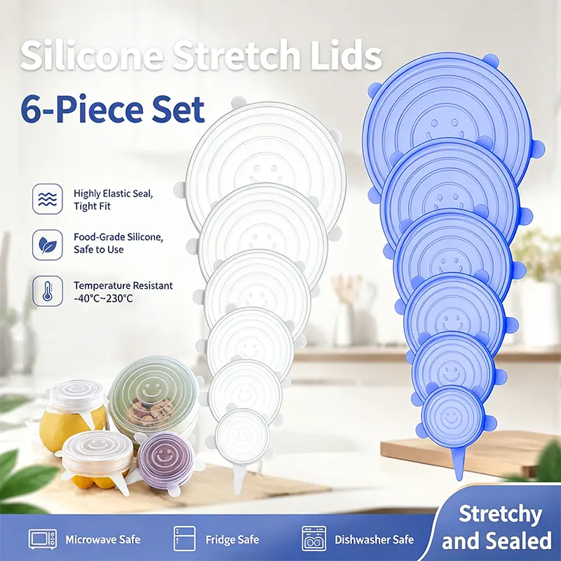 6 pcs Silicone Stretch lids set, 6 Sizes, Reusable Food Storage Covers ，Silicone Bowl Covers，Flexible to Fit All Shape of Containers，Food Cover to Keep Food Fresh