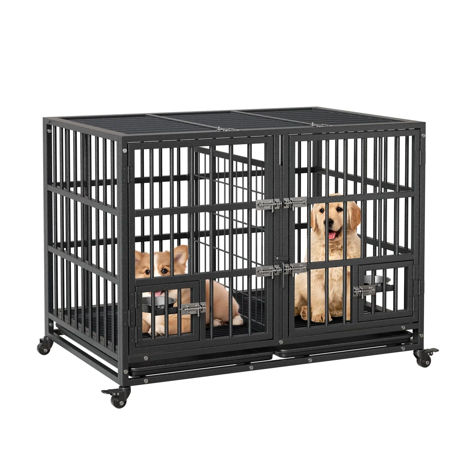 GARVEE 42 Inch Metal Dog Crate, Indoor Dog Kennel with Lockable Wheels and Removable Tray,Indestructible Escape-Proof Dog Cage for 2 Small Dogs/1 Large Dog