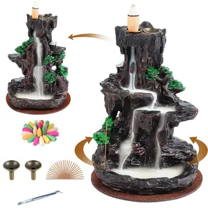 Mountain Waterfall Incense Burner, Backflow Incense Holder 2 Sides Waterfall Incense Burnier with 120 Backflow Incense Cones, 30 Incense Sticks, Aromatcherapy Ornamen for Home