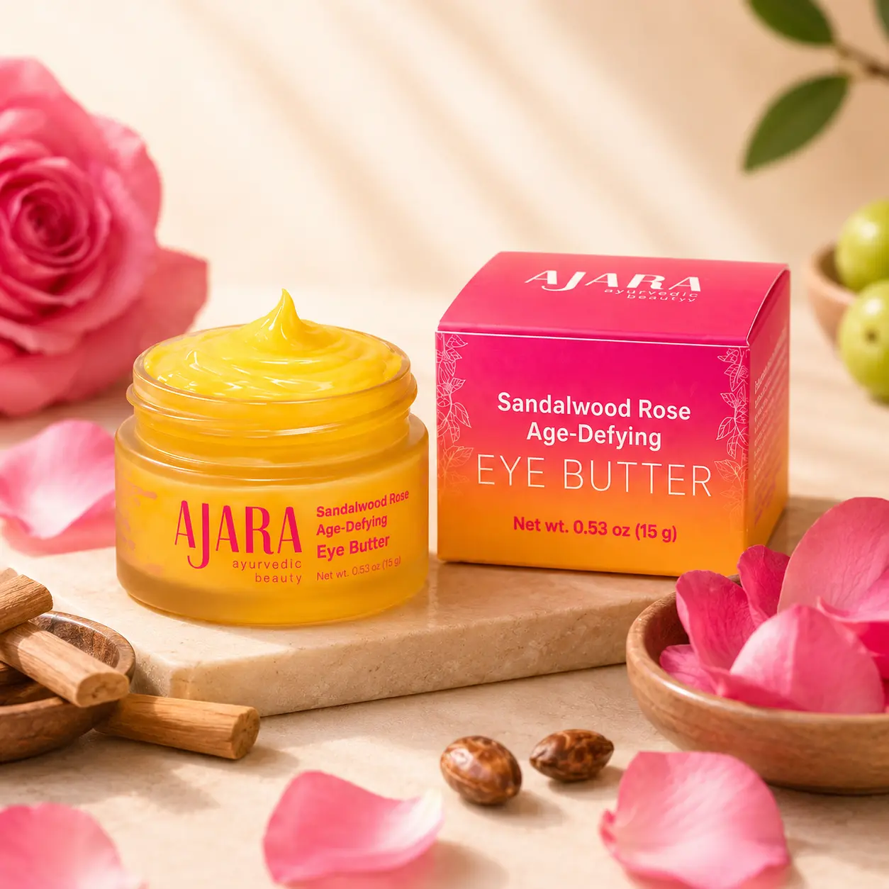 Ajara Sandalwood Rose Age-Defying Eye Butter Natural Eye Moisturizer to Reduce the Appearance of Dark Circles & Puffiness Ghee-Based Formula 0.5 oz