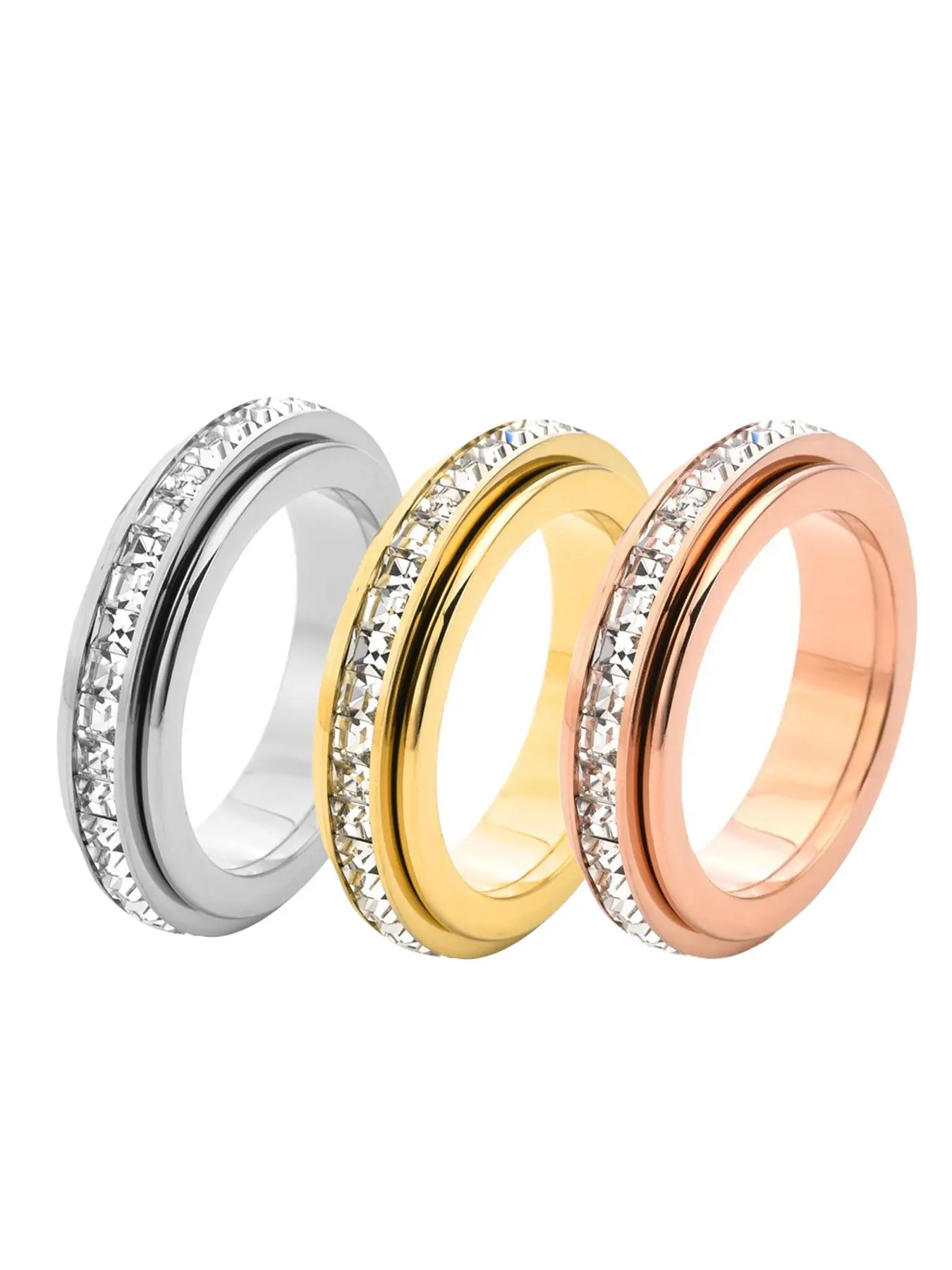 Rotatable Anxiety Bracelet for Men and Women, Titanium Steel Stress Relief Band, Cubic Zirconia Inlay, Valentine's Day Gift, Size 6-10, Finger Rings