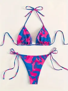 Camouflage Neck V-Neck 2pcs Bikini, Triangular Lace-Up, Back Halter Tie, Side High-Breasted Swimsuit, Women'S Swimwear And Clothing