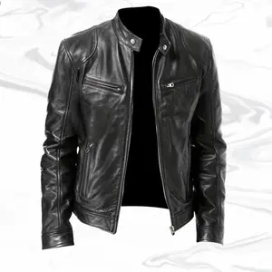 A black leather jacket with a stand collar, featuring a trendy cool style. The stand collar adds a touch of sophistication, while the glossy leather surface exudes confidence. The zipper is smooth and easy to operate, making it peNjMu