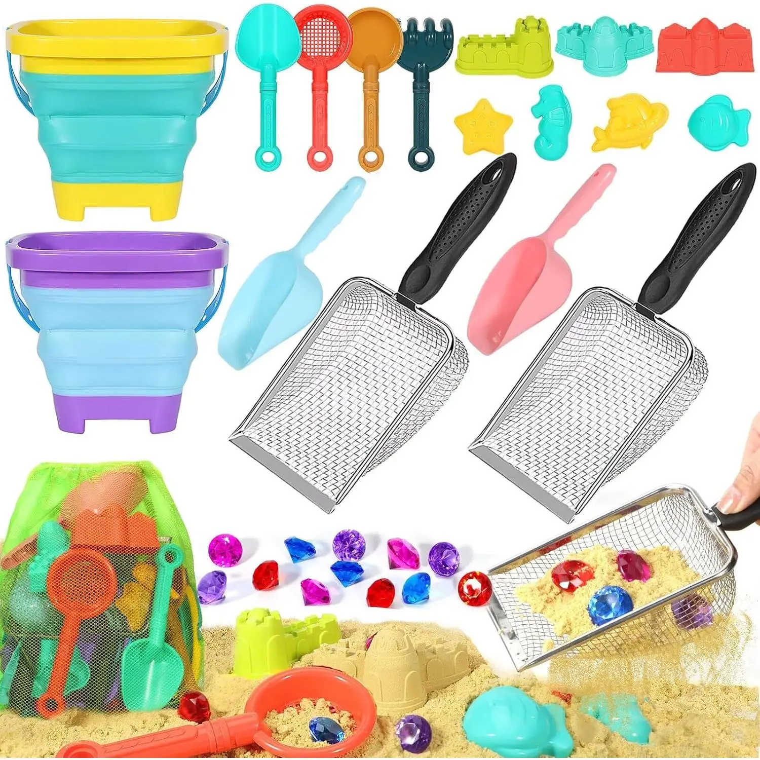 h-30 Beach Sand Toys for Kids,Sand toys with 2 Collapsible Beach Bucket,2 Beach Sifter Shovel,Sand Shovel Set,Sand Castle Kit,Sea Animal Molds,Diving Gem Pool Toy,Mesh Bag Travel Toys for Toddler 3-10