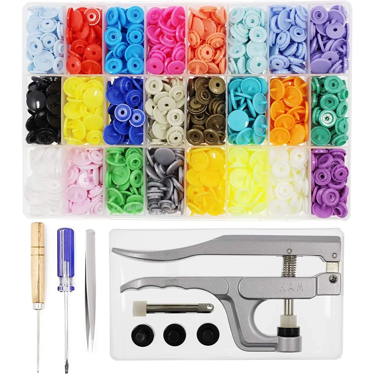 Snaps Buttons+Snap Pliers,Starter Fasteners Kit,384 Sets 24-Colors,Size 20 T5 Snap Plastic Fasteners Punch Poppers Closures No-Sew Buttons for Crafts Cloth Diaper Bibs