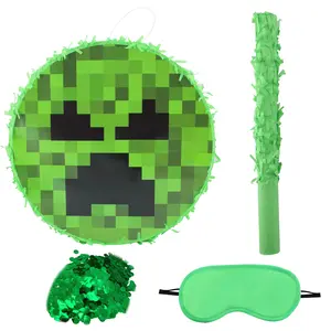 Green Pixel Mini Round Pinata Including Stick and Blindfold, Solid Color Circle Party Pinata Ideal for Pixel Themed Birthday Party, Gaming Party, Halloween, Holiday Party, Kids Celebration, Home Decor & Festival Party Favors Supplies