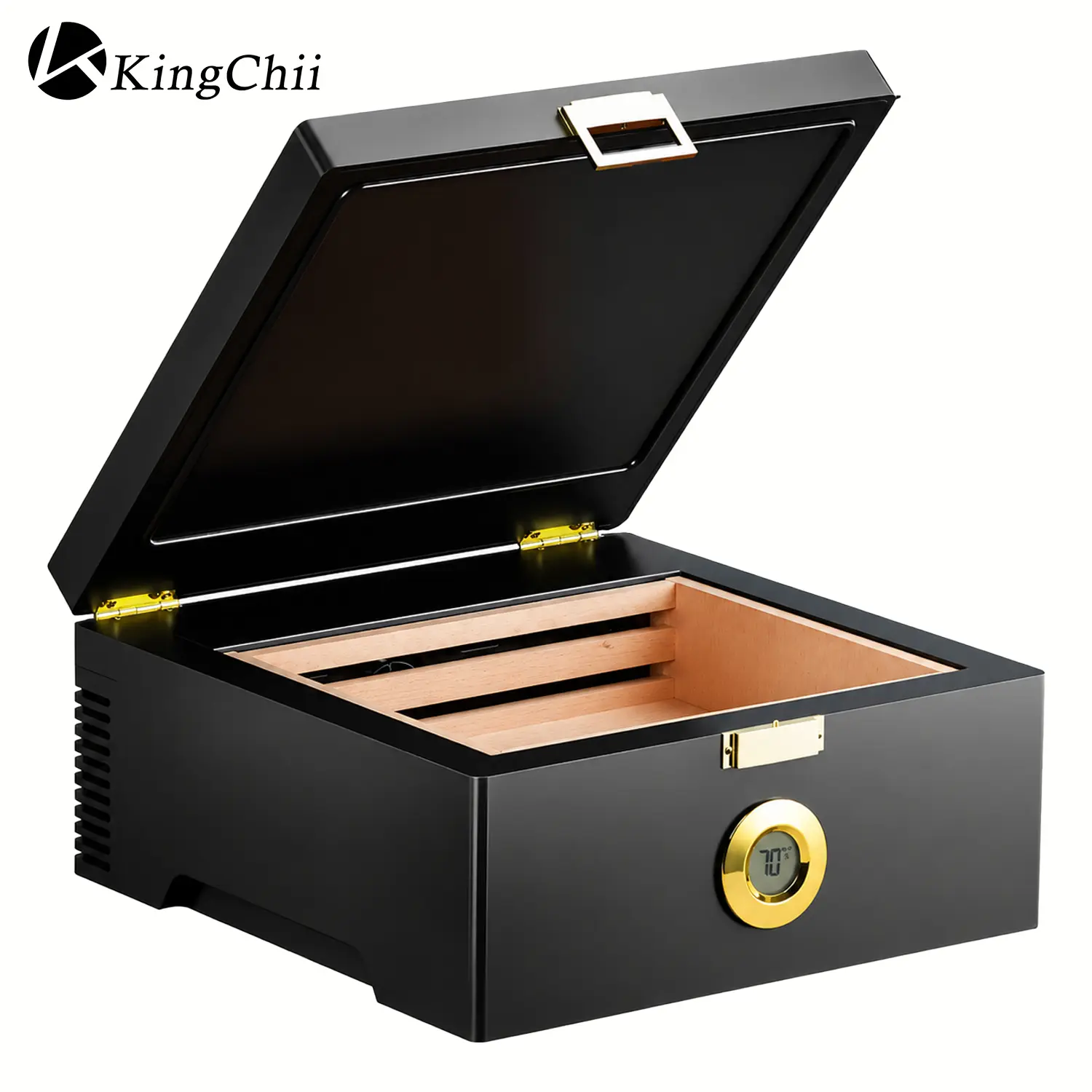 KingChii Temperature-Controlled Storage Box with Spanish Cedar Interior, Digital Thermometer, Type-C & Plug Cable Power, 30-Capacity Household Humidifier Appliance