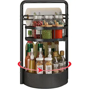 Rotating Spice Rack with Paper Towel Holder, 2 Tier Turntable Lazy Susan, Seasoning Organizer for Kitchen Countertop Cabinet, Black