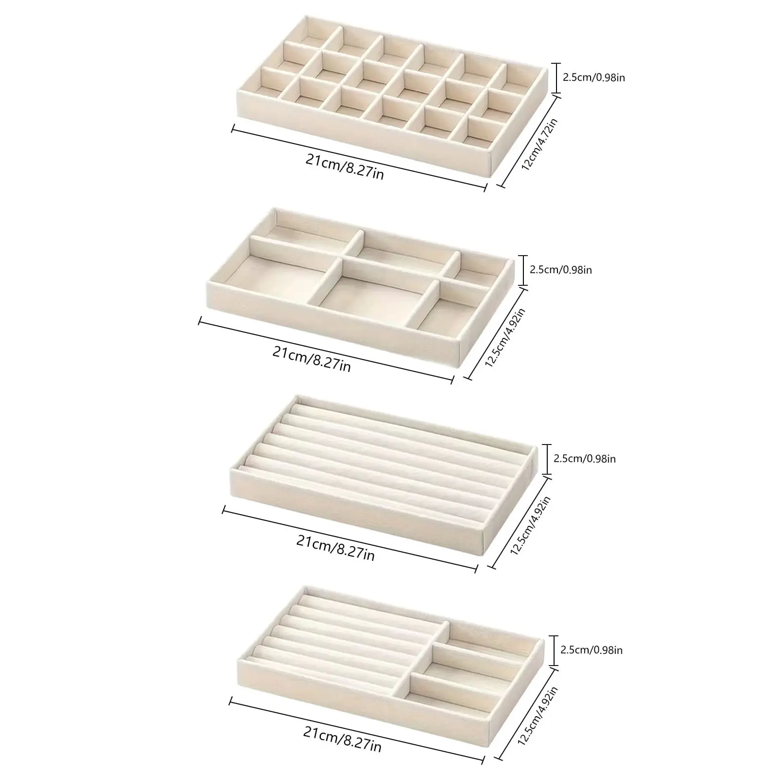 4-Pack Compact Stackable Modern Velvet Jewelry Drawer Organizer Boxes - Anti-Tarnish, Earring Slots Keep Pieces Secure, Vanity Accessories Storage, Stacks to Save Space for Tangled Necklace Prevention, Dresser Organization