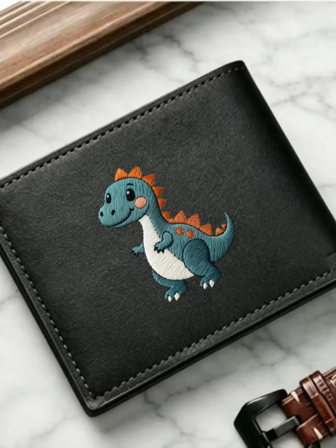 #DinosaurWallet #CuteEmbroidery | Men's Black Leather Bifold Wallet with Cute Dinosaur Embroidery, Kawaii & Playful Style Card Holder, Durable Faux Leather Purse, Spacious Compartments, Perfect for Animal Lovers & Young Men, Whimsical & Unique Daily Acces
