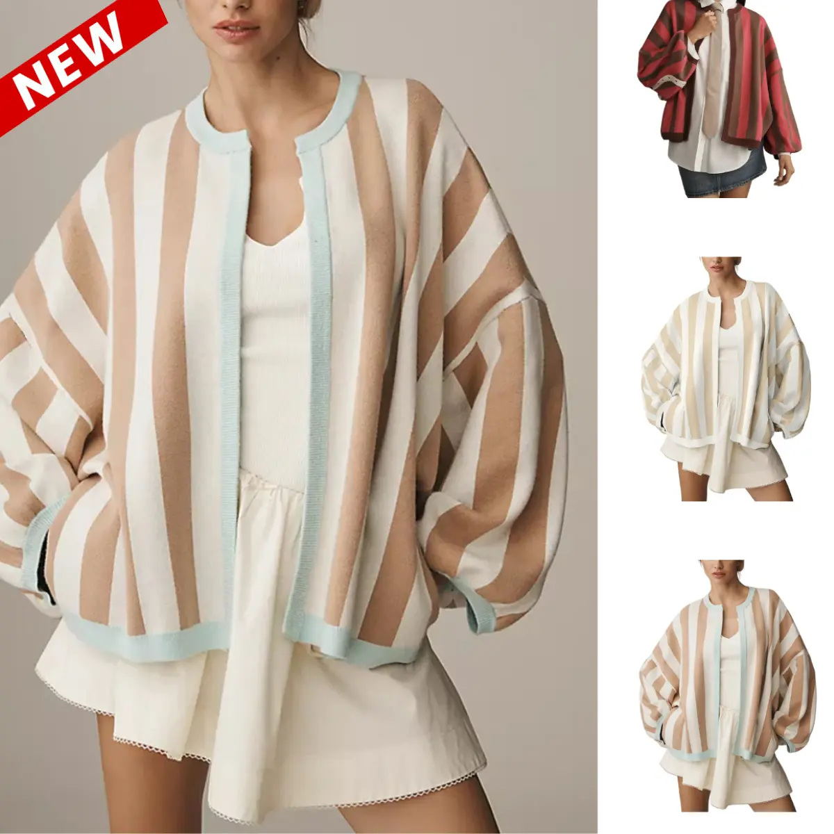 Yeokou Back to School Women's Striped Knit Cardigan, Casual Oversized Open Front Sweater, Long Balloon Sleeve, Baggy, Longsleeves, Loose, Knit Fabric