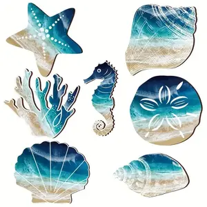 7-Piece Beach Starfish Shell Wall Decor Set, Coastal Rustic Wooden Decoration for Bathroom & Bedroom, Summer Marine Nautical Home Decor, Print