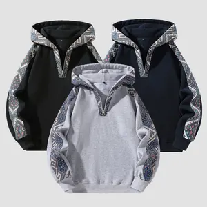 Men's Thick Knit Half-Zip Hoodie with Patchwork Contrast Color Design - Retro Ethnic Style, Fitted Silhouette, Warm & Cozy for Fall Outfits SpringStatements