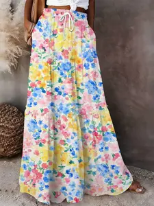 Green Leaf Floral Print Maxi Skirt | Boho Botanical Tiered Skirt with Pockets
