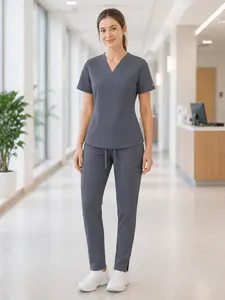 1 Set Women’s Short Sleeve Scrub Uniform 4-Way Stretch Breathable Workwear for Nurses and Medical Staff