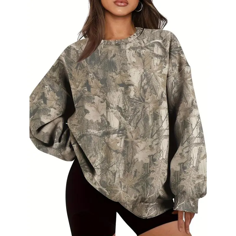 Women's Camo Sweatshirt - Long Sleeve, Loose-Fitting, Green & Black Leaf Pattern, Casual Polyester Pullover Hoodie with Ribbed Cuffs, All-Season Comfort, Machine Washable Sports & Outdoor Casual Wear (Gift), Sweatshirts, All Seasons