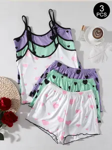 3PCS Women's Heart Pattern Sleepwear Loungewear Set, Soft Breathable Fabric, Casual Slim Fit Pajama Suit, All Season Comfort Home Wear