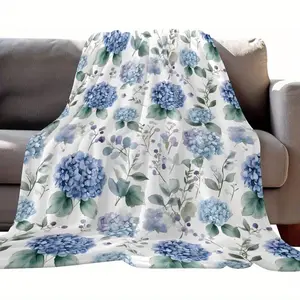 Cozy Blue Hydrangea Floral Flannel Throw Blanket - Soft Warm Lightweight for Bed Sofa Camping - All-Season Comfort Single-Sided Print Easy Care Perfect Gift for Mother's Day Ramadan - 280GSM Flannel Fabric Decorative Throw