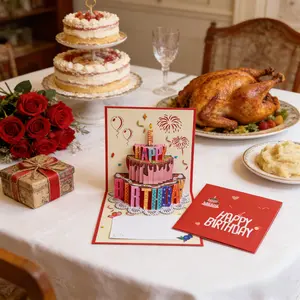 3D Pop Up Birthday Paper Craft Card with Laser-Cut Layered Fruit Cake Cutout, Unisex Greeting Card with Envelope for Loved Ones, Laser-Cut Art