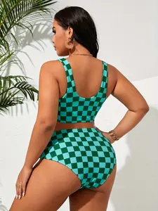 Green Checkered High Waist Bikini Set | Y2K Retro Swimsuit