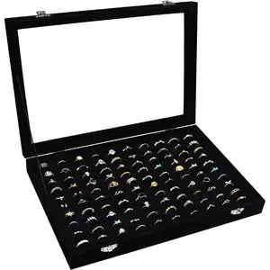 Ring Display Tray Organizer Box with Transparent Lid, 100 Slot Ring Holder Showcase For Store Display  Show Home, Ring Organizer For Rings Earrings (Black)