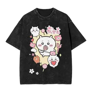valentine shirts Washed T Shirts Cute Chiikawa Cartoon Hip Hop T-Shirts High Street  Streetwear 100% Cotton Printed Tops Tee Shirt for Men Women Menswear Vintage