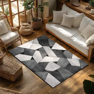 Modern Grey Geometric Patchwork Flannel Area Rug - Oversized Soft Plush Mat for Living Room & Bedroom, Non-Slip Minimalist Home Decor #ModernGeometricRug #MinimalistHomeDecor #FlannelMat #NonSlipRug