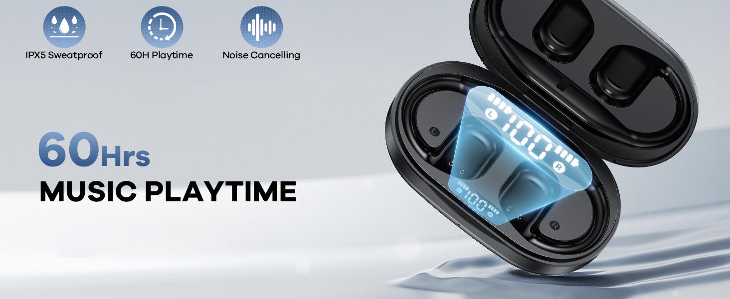 Open-Ear Bluetooth 5.4 Wireless Headphones, Electronic Audio Device with LED Display, 60H Playtime, Call Mic, IPX5 Rated Waterproof, Secure Fit Sports Over-Ear Design, Soft Silicone Earbuds, Fast Charge, #SummerVibes outdoorfun