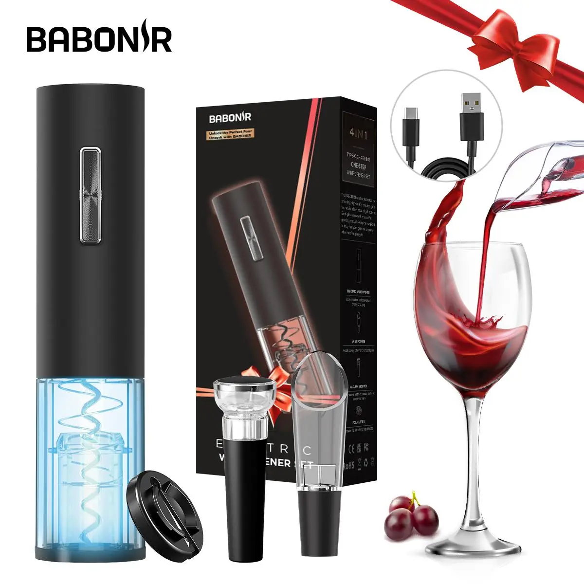 Automatic Electric Wine Opener Set - Charging Model Portable Wine Opener, ABS Plastic Vacuum Stoppers, Frosted-Glass Look Single Unit Kitchen Utensil for Valentine’s Day,back to school,back to school haul