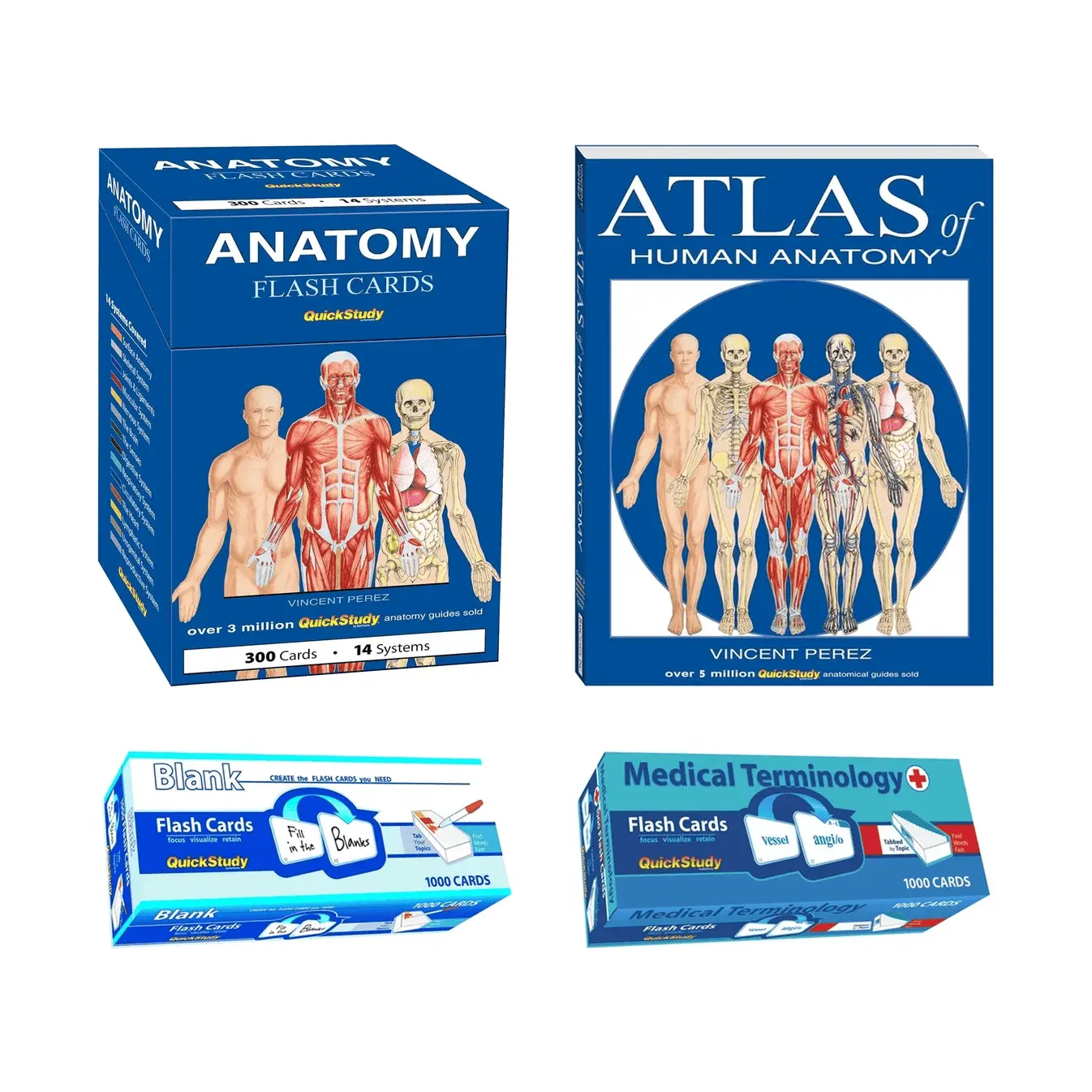 4-in-1 Anatomy and Medical Study Bundle - 300 Anatomy Flash Cards, Atlas of Human Anatomy, 1000 Medical Terminology Cards, 1000 Blank Study Cards