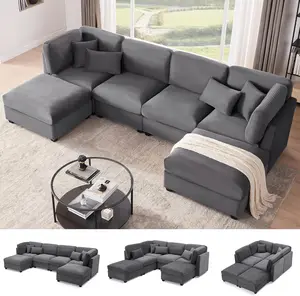 【5-7 Packages】125 Inch Oversized Corduroy Modular Sectional Sofa, U Shaped Modular Couch with Storage, 5 Seat Convertible Corduroy Couch, Comfy Sectional Couches for Living Room with Memory Foam