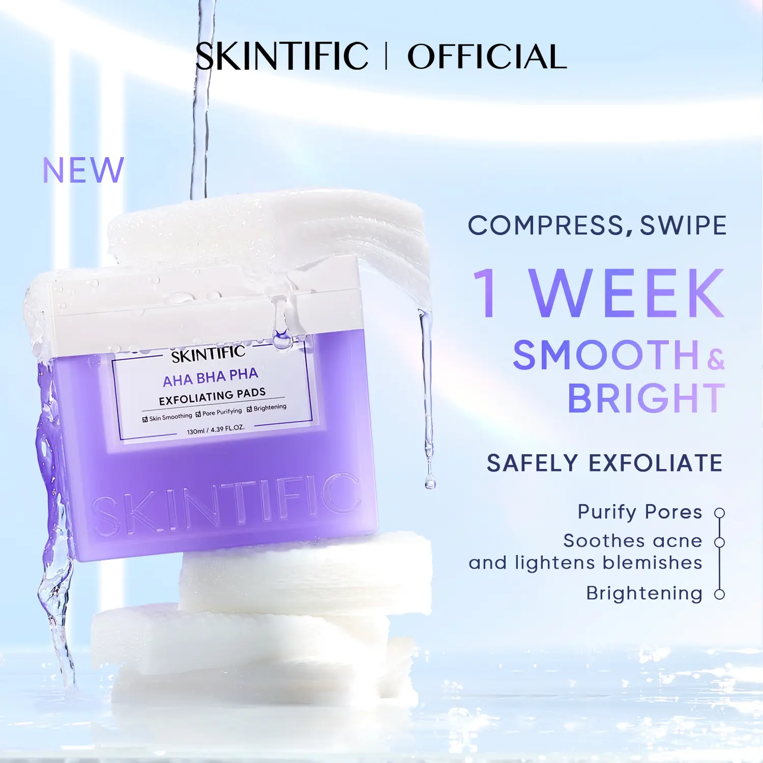 SKINTIFIC AHA BHA PHA Exfoliating Pads - Dual-Sided for Pores, Acne & Glow | Niacinamide & Soothing Complex | Non-Stripping Peel Pads for Sensitive Skin