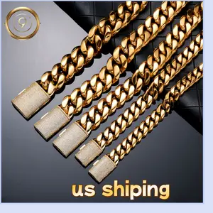 Miami Cuban Chain Necklace Bracelet  for Men and Women, 18K Gold Plated, Stainless Steel/Black Chunky Curb Link Hip Hop Chains, 6mm, 8mm, 10mm, 12mm,14mm,16-30 Inches. Golden Yes