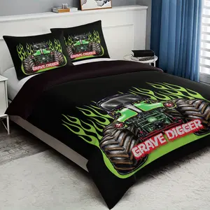 Monster Truck Gravedigger Print Bedding Set, 3-Piece Includes 1 Fitted Sheet + 2 Pillowcases, Soft Material Comfortable Bedroom Linen