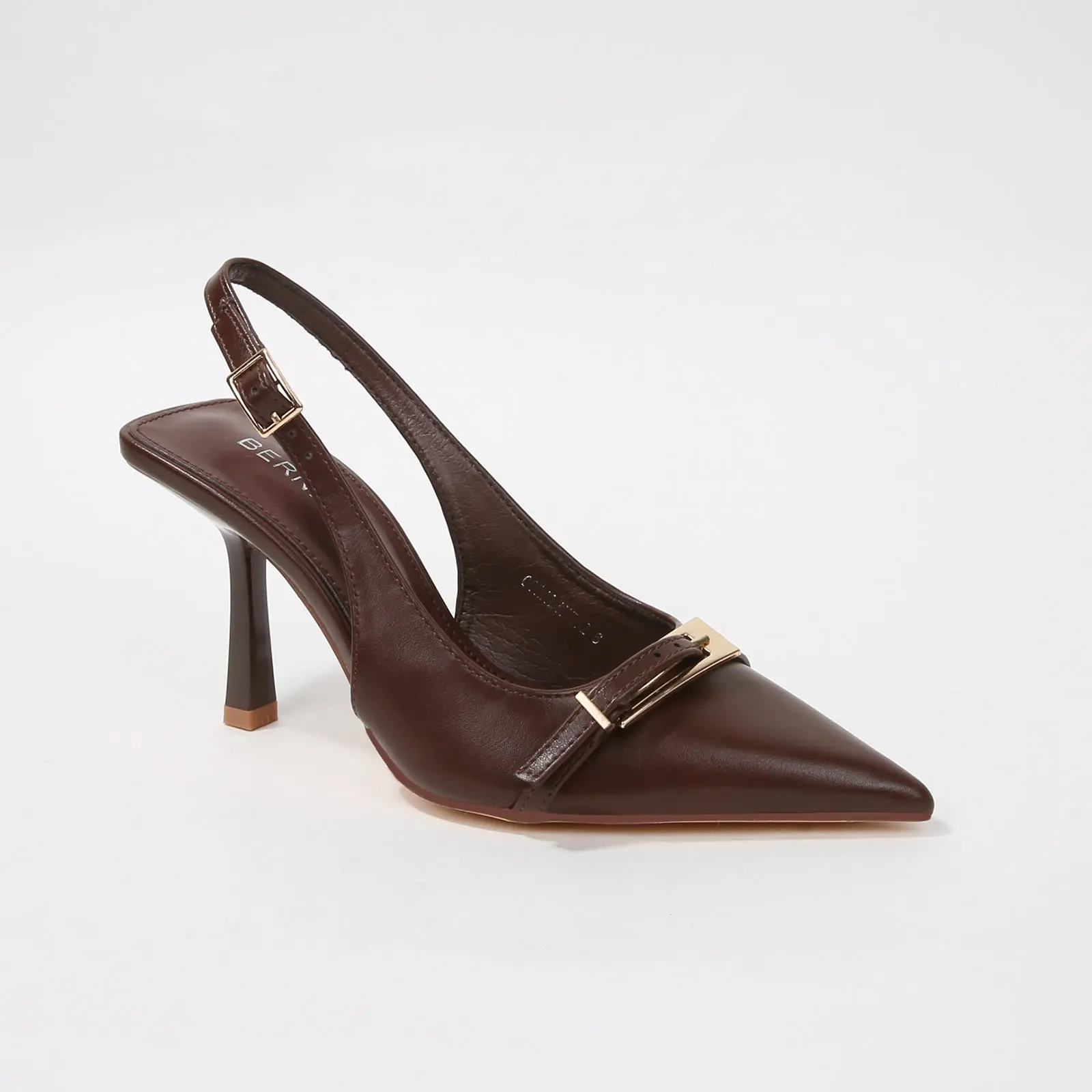 Women's Slingback Heel Sandals - Pointed Stiletto, Coraline Vegan Leather, Gold Buckle Footwear, Stylish Party Shoes, Buckle Decorated Sandals, Classy Elevated Sandals