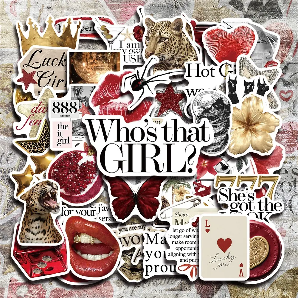 50 Pcs Gold & Red Aesthetic Vinyl Stickers Pack, Luxury Art Style, Ideal for Laptop, Water Bottle, Phone Case & DIY Decoration