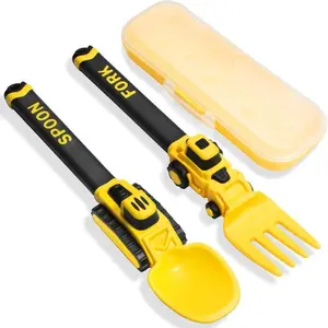 Colorful Construction Vehicle Themed Toddler Cutlery Utensil Sets - Reusable Plastic Fork & Spoon Sets with Storage Case, Easy-Grip Durable Utensils Tableware for Self-Feeding Baby Led Weaning, Kids’ Birthday Gifts