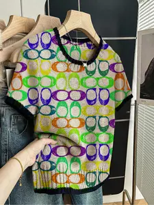 Geometric Print Round Neck Sweater, Casual Short Sleeve Knitwear for Spring Summer Fall, Comfortable Warm Women's Clothing