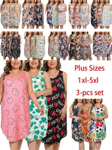 【Flash Sale】Women's Valentine Heart Pajama Set, Plus Size Curvy Fit 3-Pack Sleeveless Tank Loungewear Nightdresses, Breathable Floral Sleepwear (1XL-5XL Assorted Prints, Blue) | Plus Size Clothes, Curvy Clothing, Pajamas Sets for Women, All Seasons outdoo
