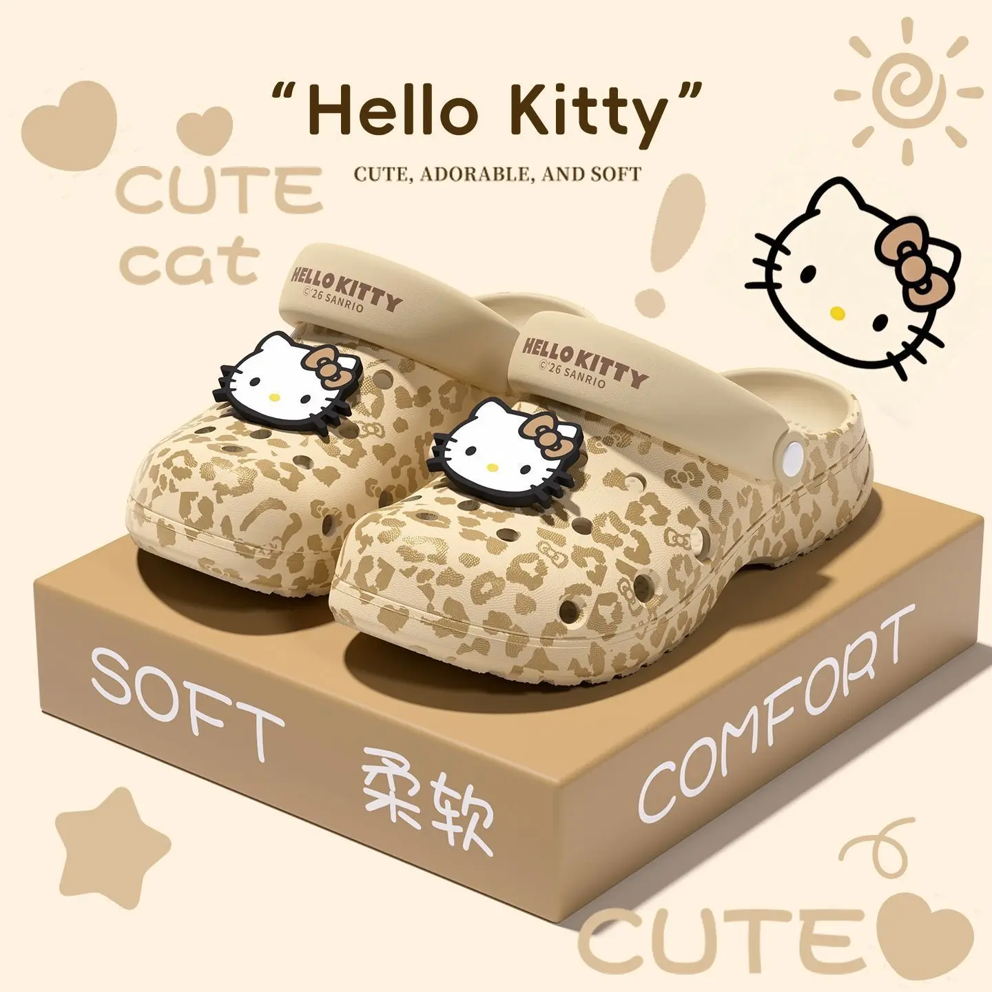 Sanrio Leopard Hello Kitty Clogs Women Summer Non-Slip Breathable Platform EVA Sandals Slippers