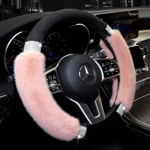 Rhinestone Fluffy Steering Wheel Cover - Comfortable Non-Slip Luxury Faux , Universal Fit for 14.5" to 15" Steering Wheels