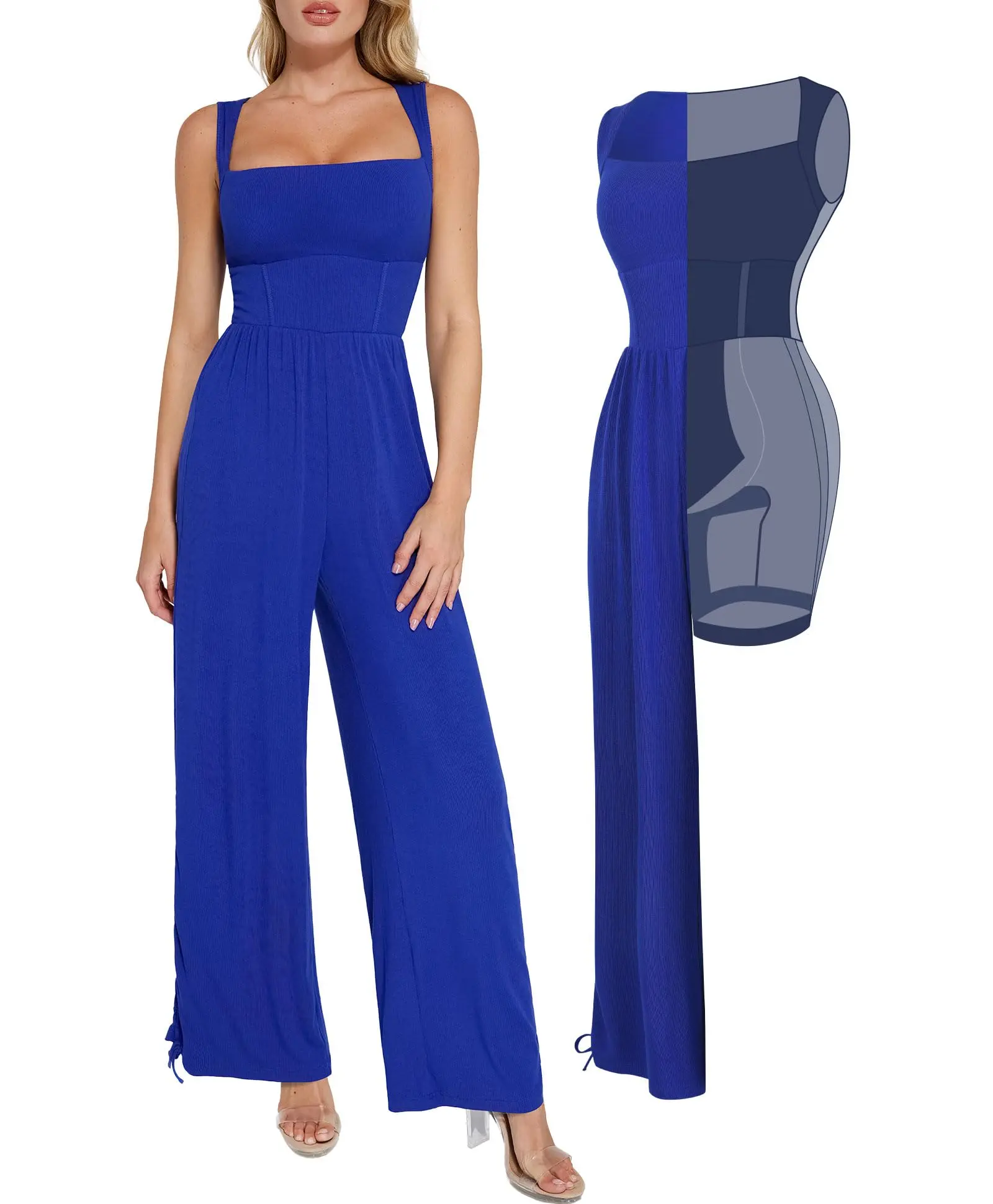 Popilush Shapewear Square Neck Tummy Control Wide Leg Jumpsuit Soft Stretchy Body Shaping Jumpsuit for Women Casual Daily Wear